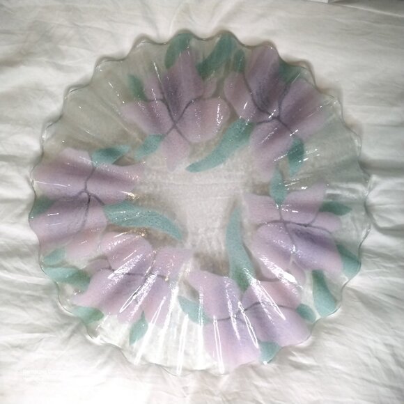 Sydenstricker Fused Art Glass Large 12" Plate Ruffled Edge Floral Iris Design - Picture 2 of 3